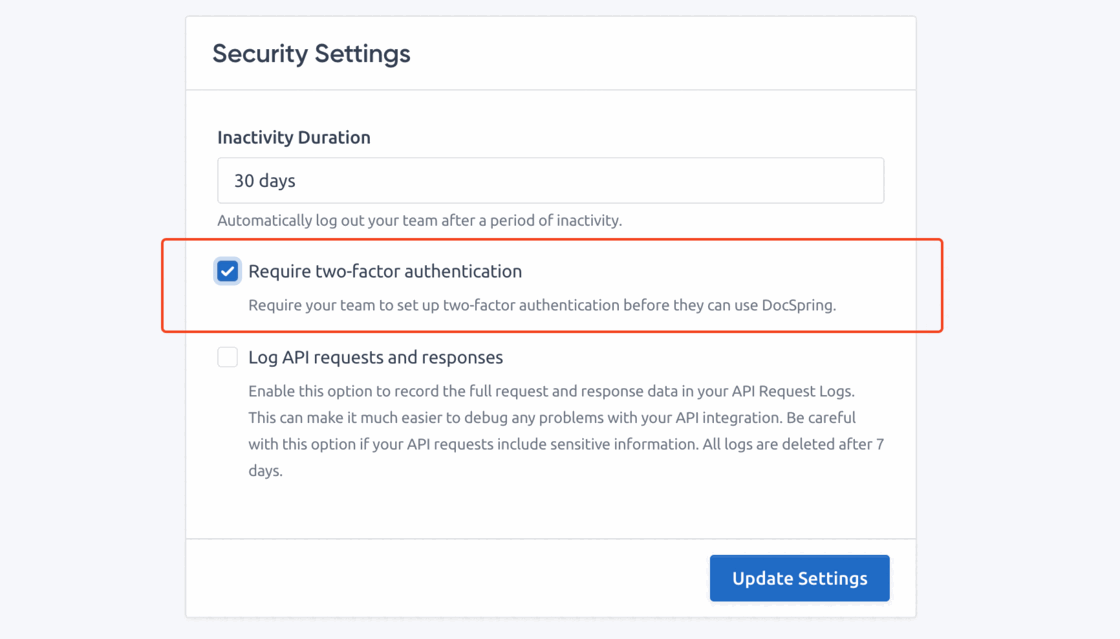Require two-factor authentication checkbox highlighted in the account Security Settings