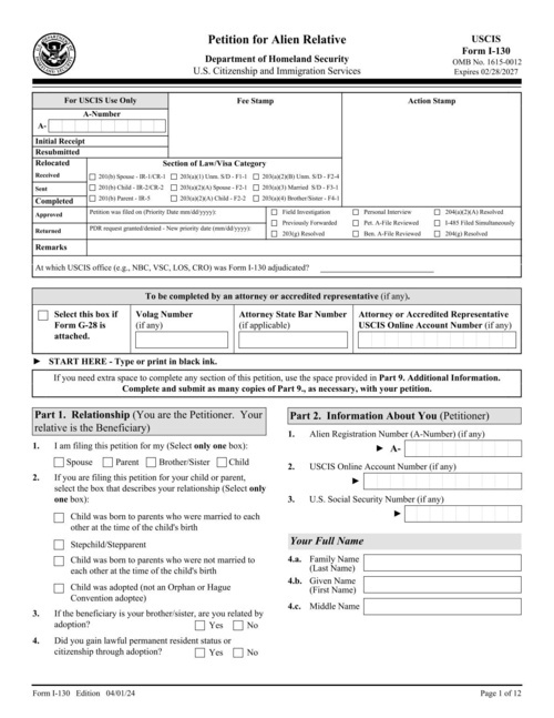 Preview of USCIS Form I-130: Petition for Alien Relative