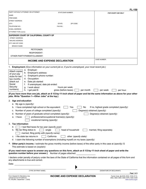 Preview of California FL-150: Income and Expense Declaration