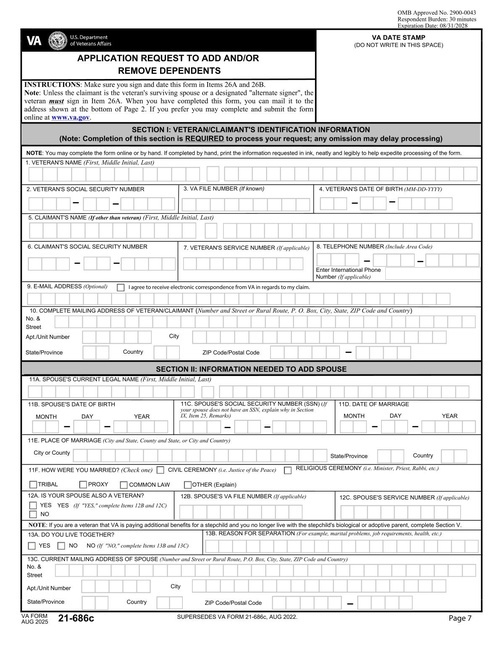 Preview of VA Form 21-686c: Application Request to Add and/or Remove Dependents