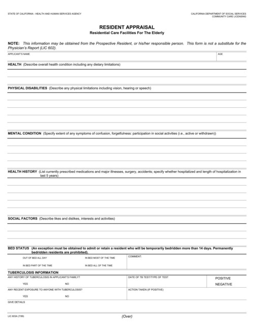 Preview of California LIC 603A: Resident Appraisal