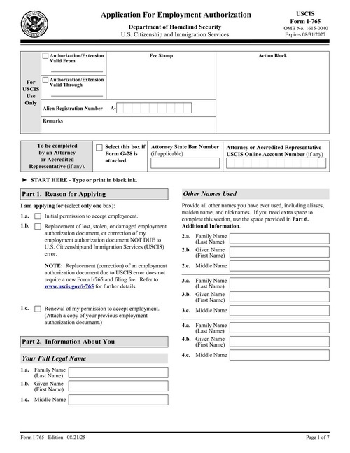 Preview of USCIS Form I-765: Application for Employment Authorization