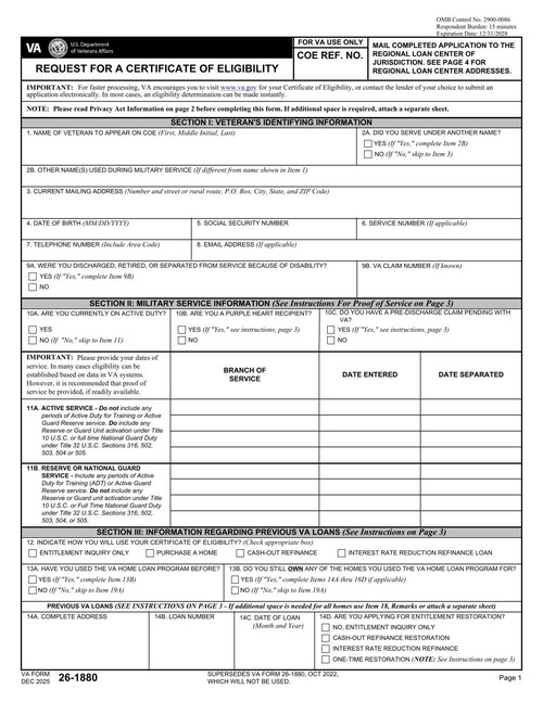 Preview of VA Form 26-1880: Request for a Certificate of Eligibility