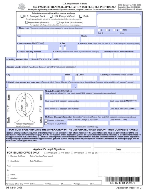 Preview of Form DS-82: U.S. Passport Renewal Application