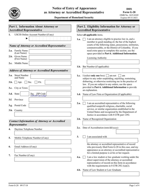 Preview of USCIS Form G-28: Notice of Entry of Appearance as Attorney or Accredited Representative