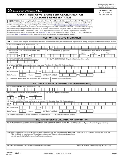 Preview of VA Form 21-22: Appointment of Veterans Service Organization as Claimant's Representative