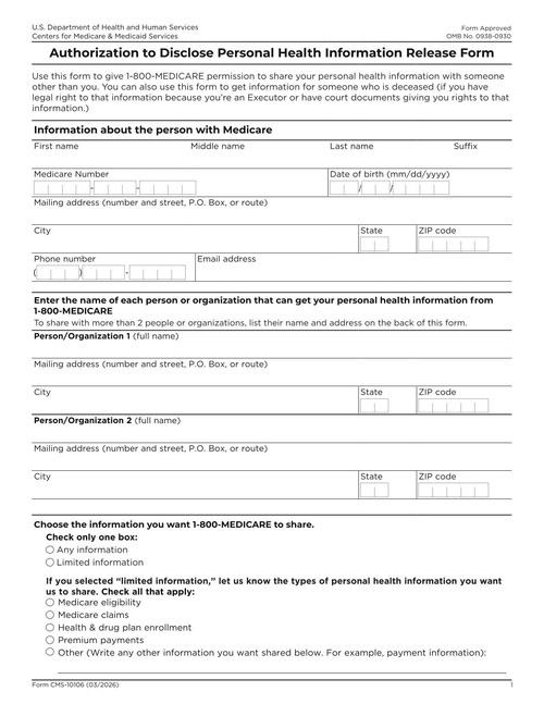 Preview of CMS-10106: Authorization to Disclose Personal Health Information