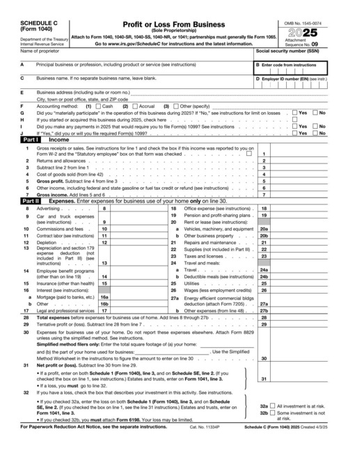 Preview of IRS Schedule C (Form 1040)
