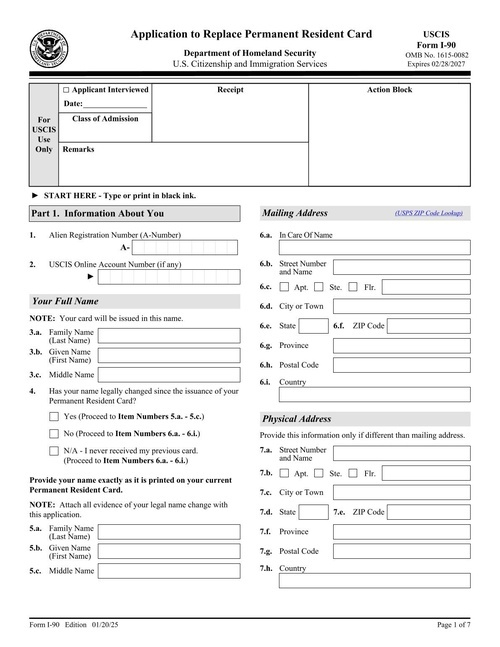 Preview of USCIS Form I-90: Application to Replace Permanent Resident Card
