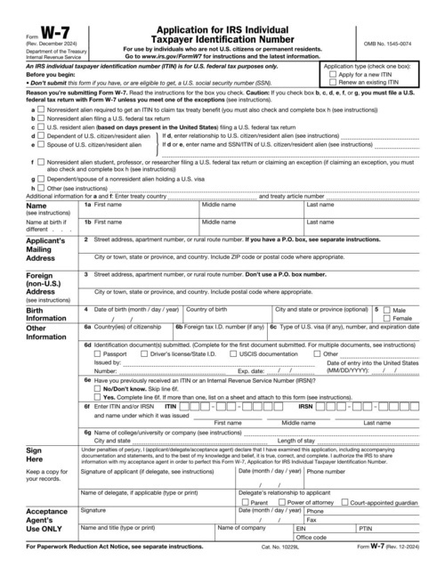 Preview of IRS Form W-7: Application for IRS Individual Taxpayer Identification Number
