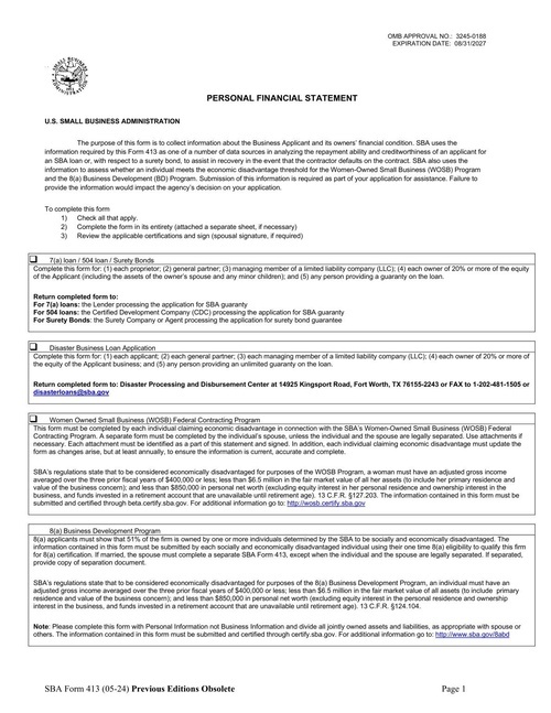 Preview of SBA Form 413: Personal Financial Statement