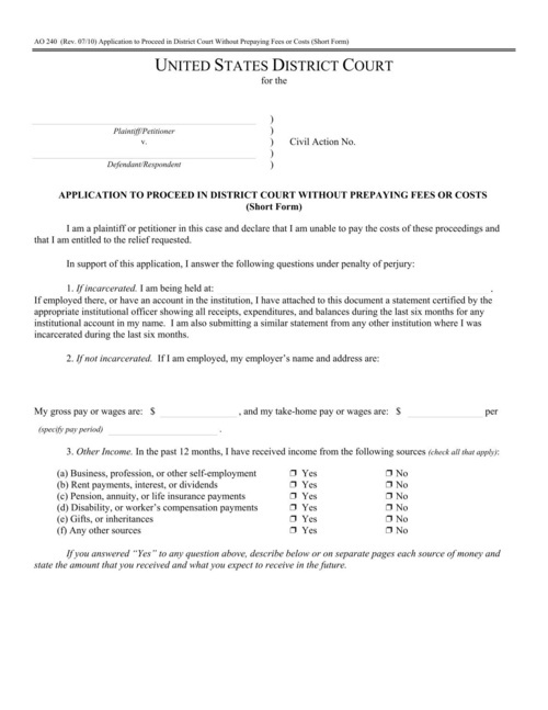 Preview of AO 240: Application to Proceed Without Prepaying Fees or Costs (Short Form)