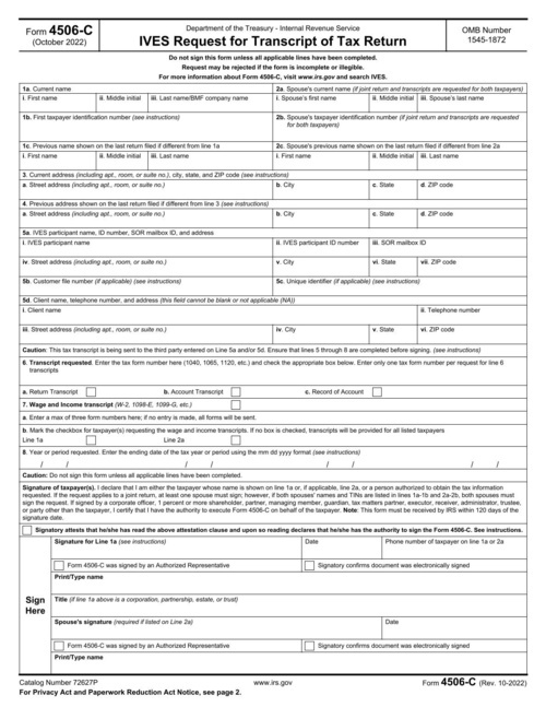Preview of IRS Form 4506-C: IVES Request for Transcript of Tax Return