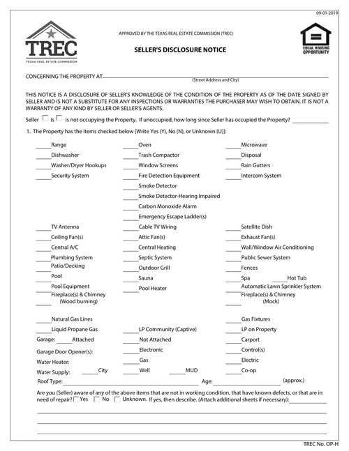 Preview of Texas Seller's Disclosure Notice (TREC OP-H)