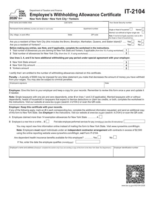 Preview of New York Form IT-2104: Employee's Withholding Allowance Certificate