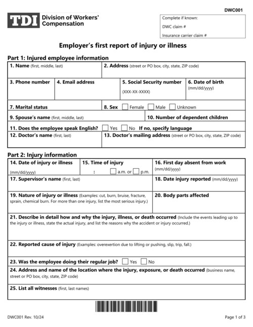Preview of Texas DWC Form-001: Employer's First Report of Injury or Illness