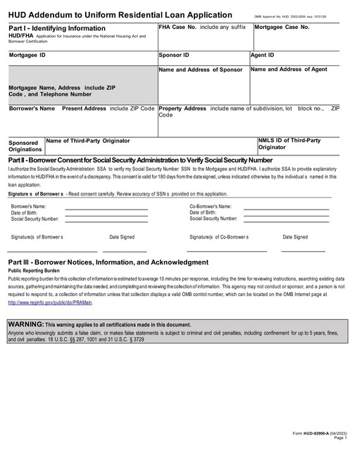 Preview of HUD-92900-A: HUD Addendum to Uniform Residential Loan Application