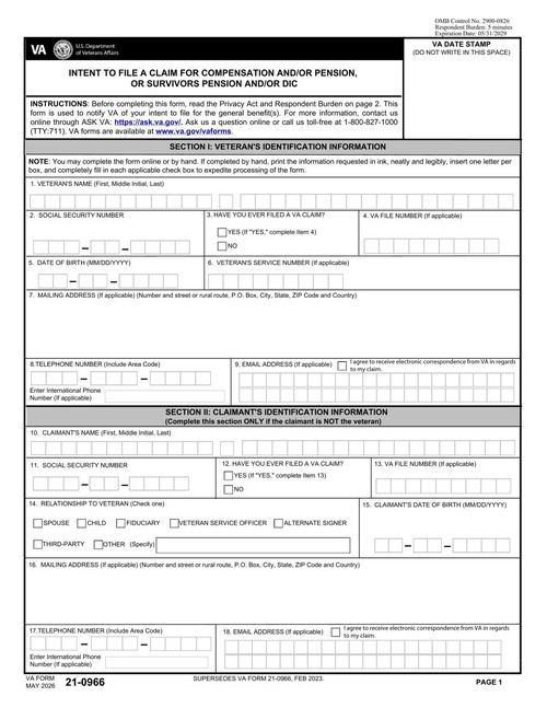 Preview of VA Form 21-0966: Intent to File a Claim