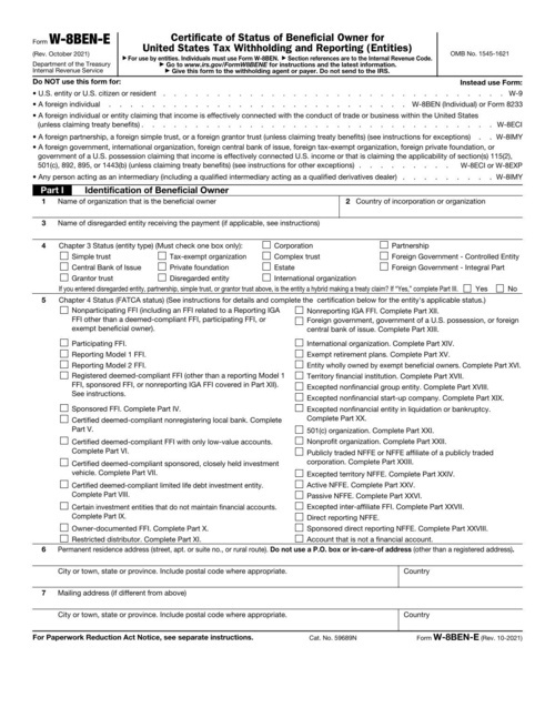 Preview of IRS Form W-8BEN-E: Certificate of Status of Beneficial Owner (Entities)