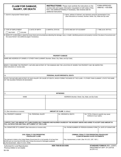 Preview of SF 95: Claim for Damage, Injury, or Death