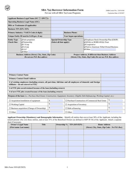 Preview of SBA Form 1919: SBA 7(a) Borrower Information Form