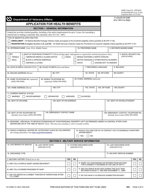 Preview of VA Form 10-10EZ: Application for Health Benefits