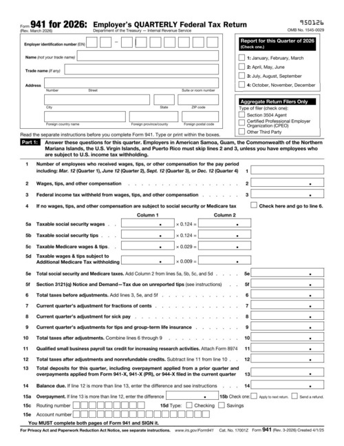 Preview of IRS Form 941: Employer's Quarterly Federal Tax Return