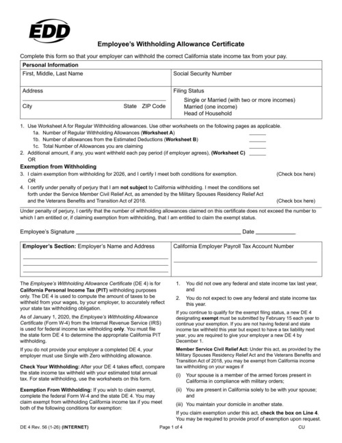 Preview of California Form DE 4: Employee's Withholding Allowance Certificate