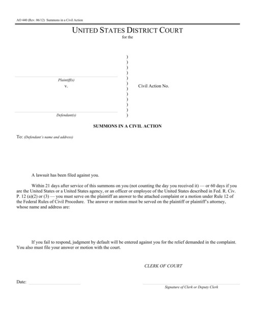 Preview of AO 440: Summons in a Civil Action