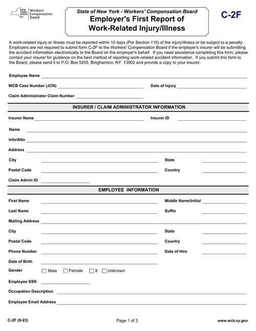 Preview of New York Form C-2F: Employer's First Report of Work-Related Injury/Illness