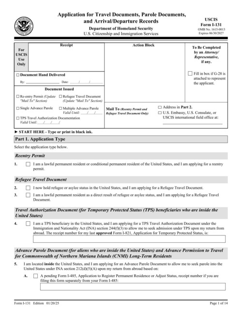 Preview of USCIS Form I-131: Application for Travel Documents, Parole Documents, and Arrival/Departure Records
