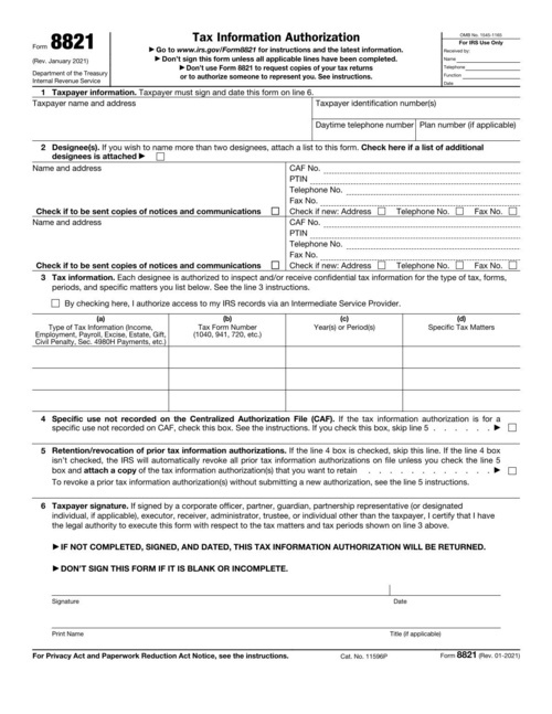 Preview of IRS Form 8821: Tax Information Authorization