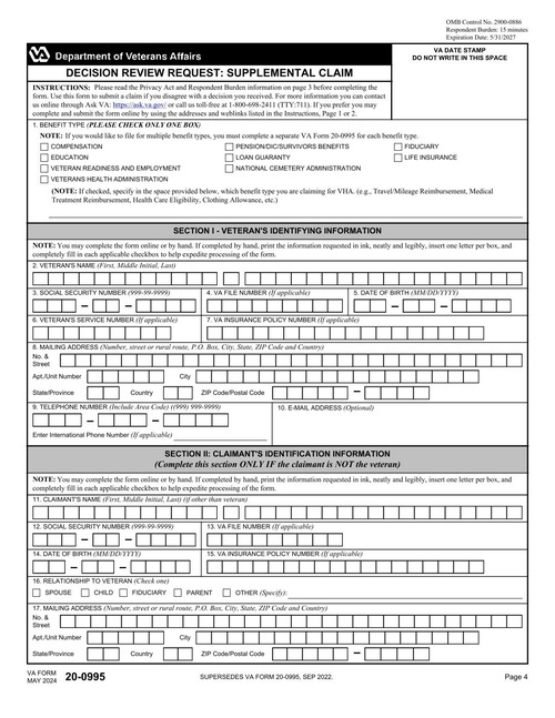 Preview of VA Form 20-0995: Decision Review Request: Supplemental Claim