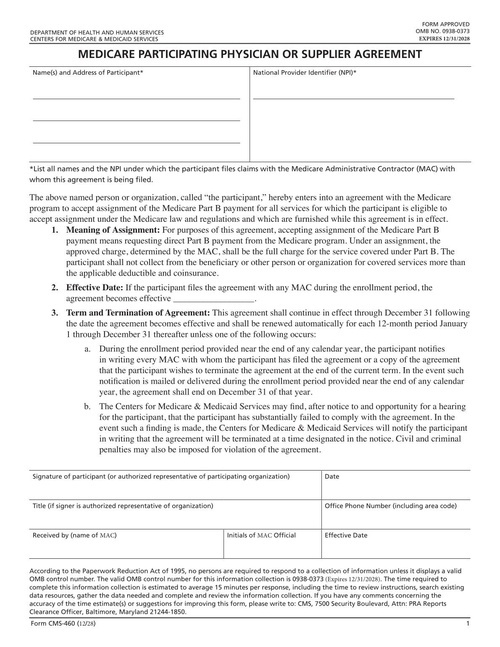 Preview of CMS-460: Medicare Participating Physician or Supplier Agreement