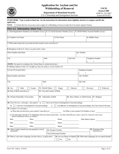 Preview of USCIS Form I-589: Application for Asylum and for Withholding of Removal