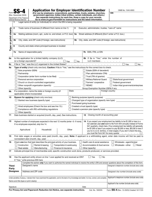 Preview of IRS Form SS-4: Application for Employer Identification Number