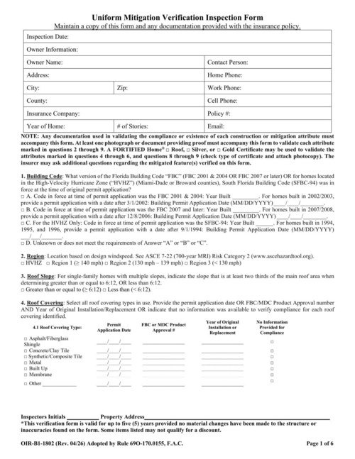 Preview of Florida Uniform Mitigation Verification Inspection Form (OIR-B1-1802)