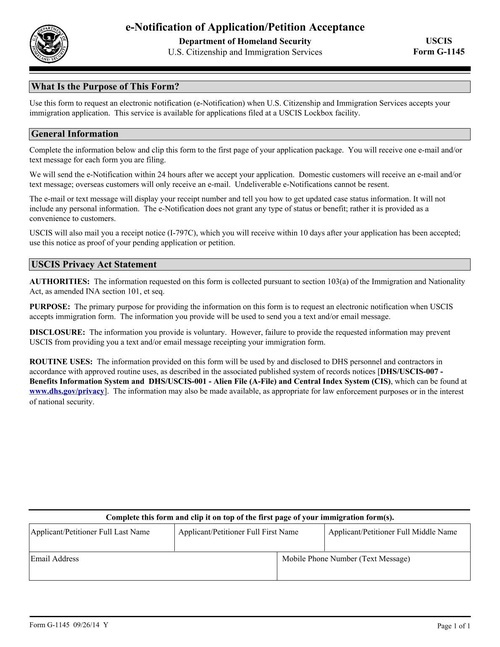 Preview of USCIS Form G-1145: e-Notification of Application/Petition Acceptance
