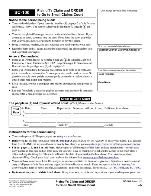 Preview of California SC-100: Plaintiff's Claim and Order to Go to Small Claims Court