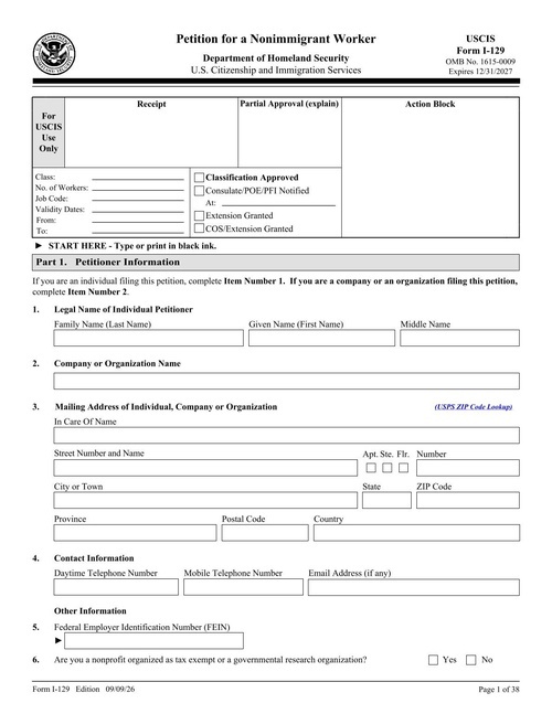 Preview of USCIS Form I-129: Petition for a Nonimmigrant Worker