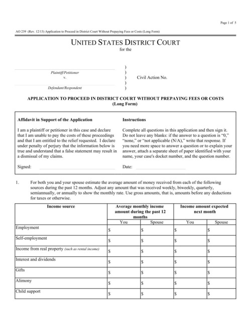 Preview of AO 239: Application to Proceed Without Prepaying Fees or Costs (Long Form)