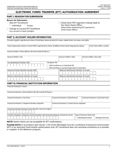 Preview of CMS-588: Electronic Funds Transfer (EFT) Authorization Agreement