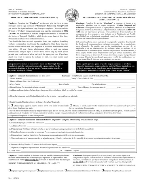 Preview of California DWC 1: Workers' Compensation Claim Form