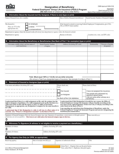 Preview of SF 2823: Designation of Beneficiary (Federal Employees' Group Life Insurance)