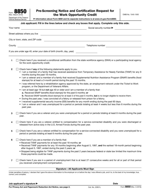 Preview of IRS Form 8850: Pre-Screening Notice and Certification Request for the Work Opportunity Credit