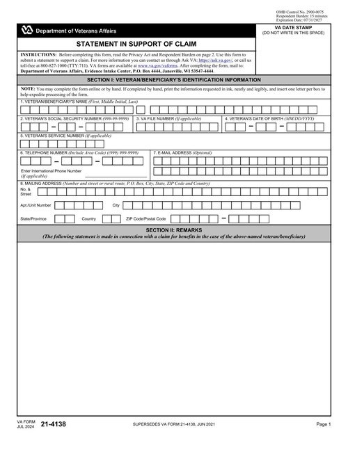 Preview of VA Form 21-4138: Statement in Support of Claim