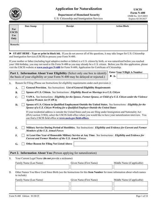 Preview of USCIS Form N-400: Application for Naturalization