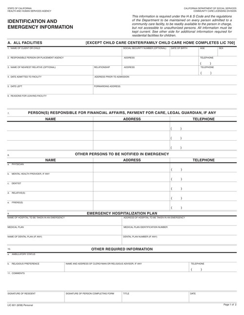 Preview of California LIC 601: Identification and Emergency Information