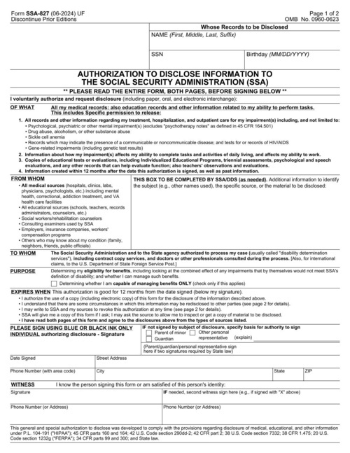 Preview of Form SSA-827: Authorization to Disclose Information to the Social Security Administration