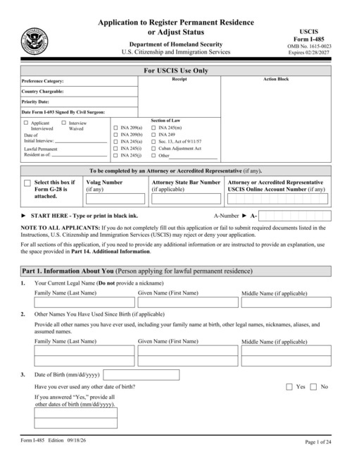 Preview of USCIS Form I-485: Application to Register Permanent Residence or Adjust Status